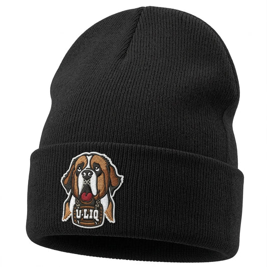 Black beanie with a University Liquors logo.
