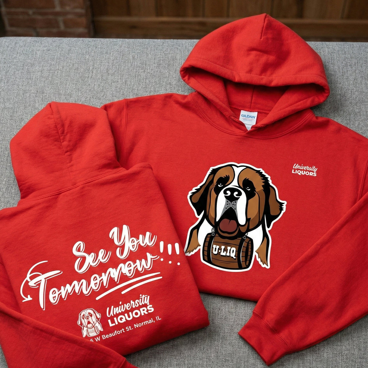 Red University Liquors hoodie.