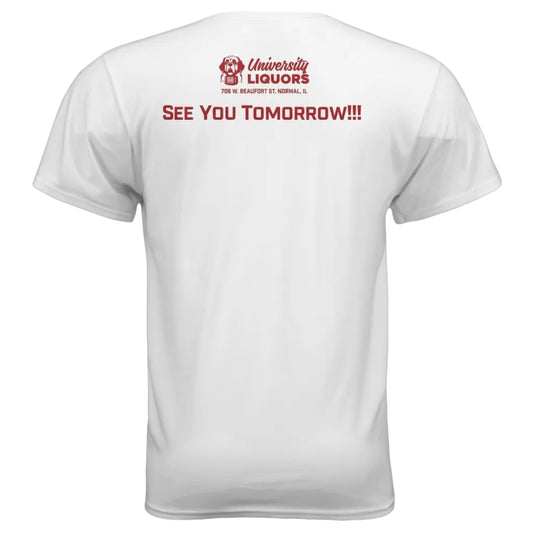 White t-shirt with red text and logo on the back, displayed against a white background