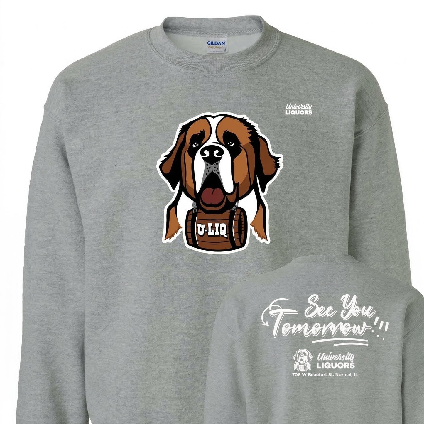 Gray University Liquors sweatshirt.