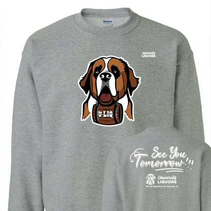 Gray University Liquors sweatshirt.