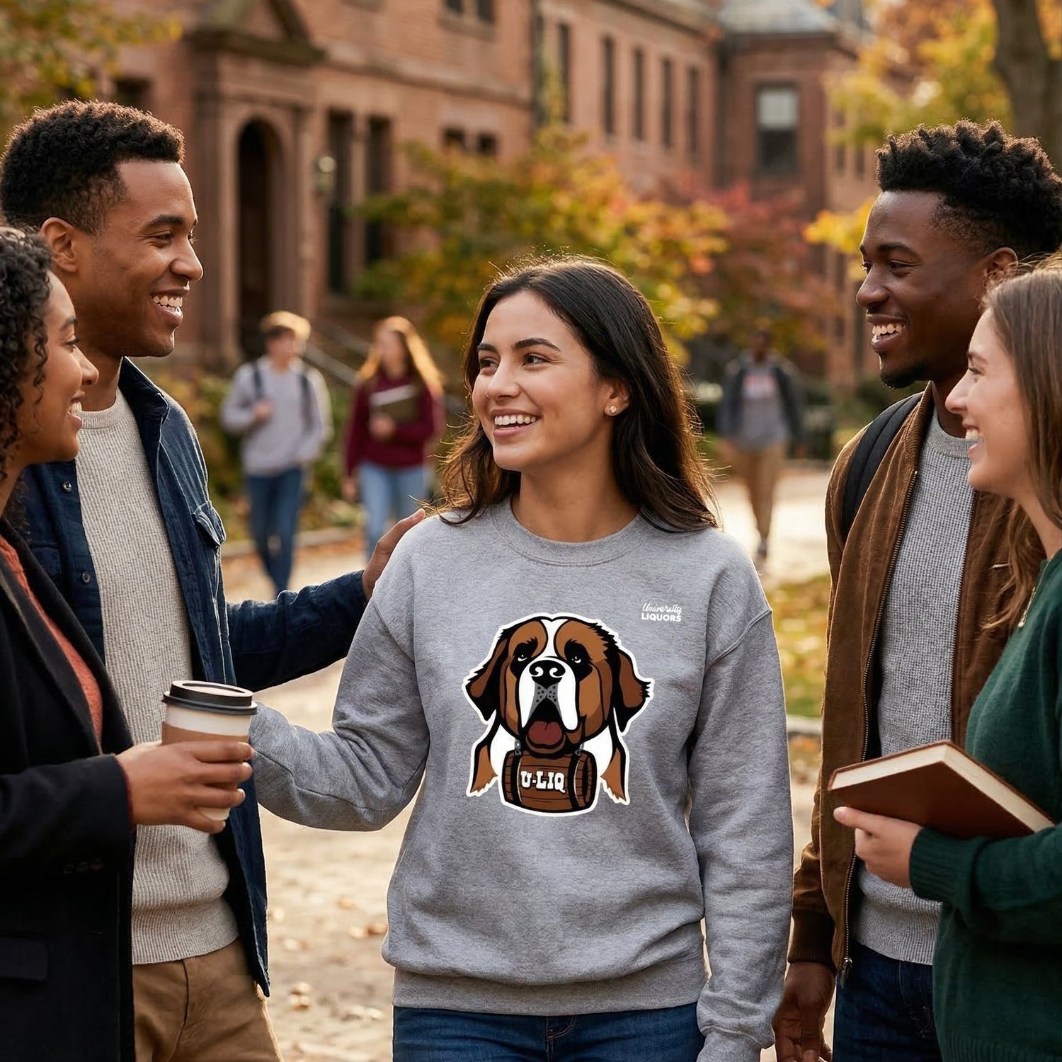 Group of young people standing outdoors with a person wearing a gray University Liquors sweatshirt.