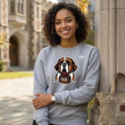 Woman wearing a gray University Liquors sweatshirt in front of a building