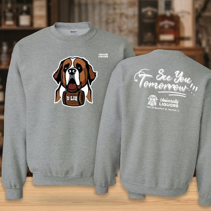 gray University Liquors sweatshirt.