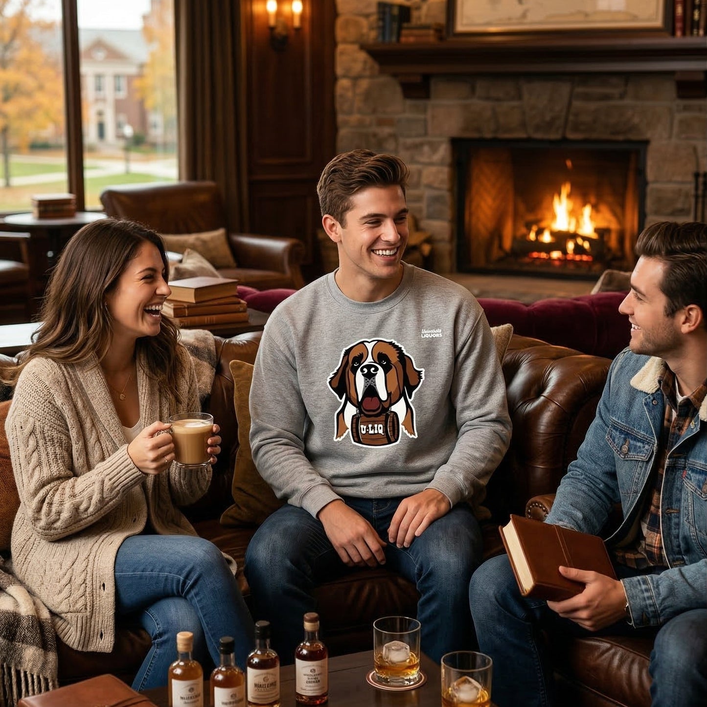 Three people sitting on a couch in a cozy living room with a fireplace, wearing a gray University Liquors sweatshirt and enjoying drinks and conversation.