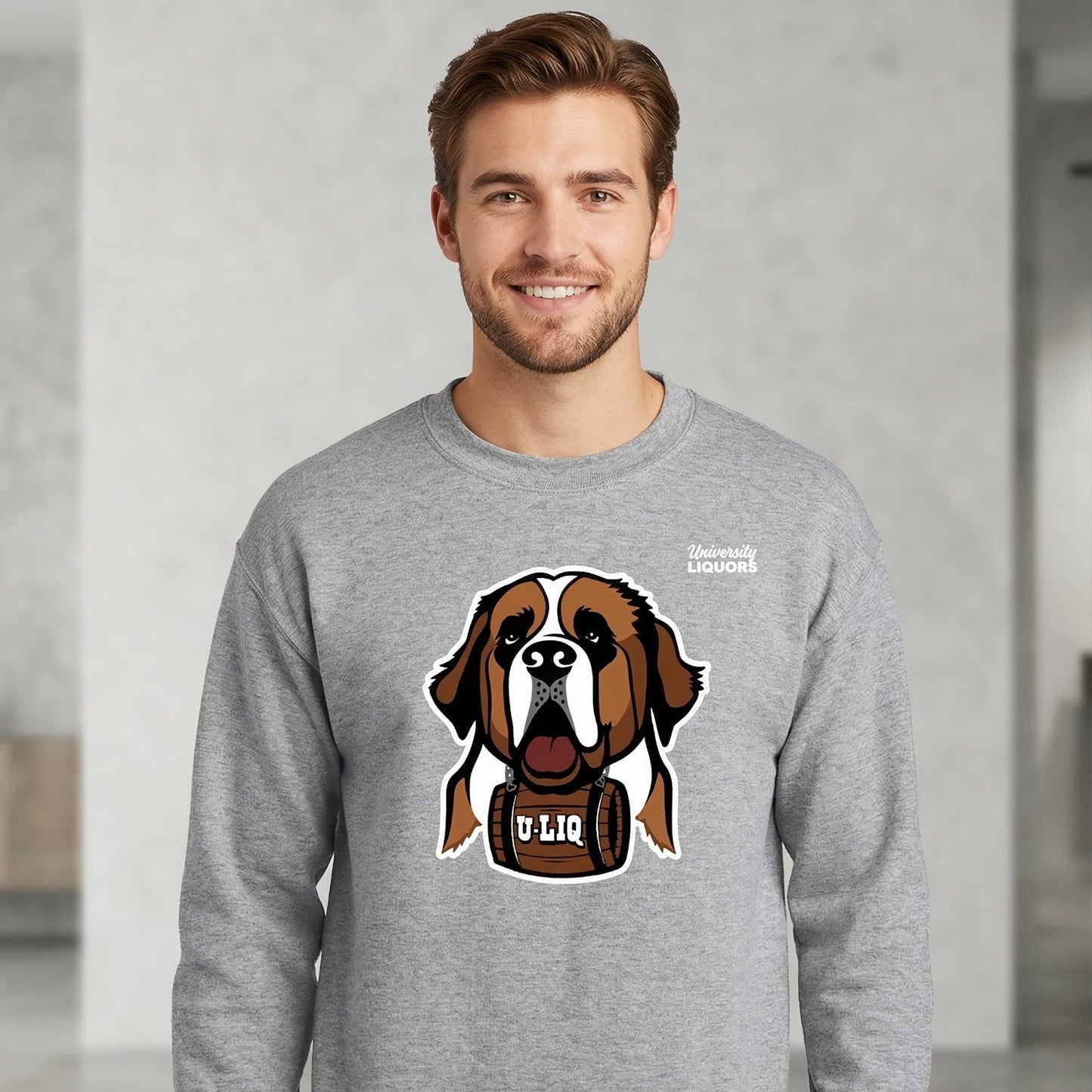 Man wearing a gray University Liquors sweatshirt