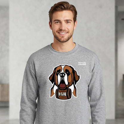 Man wearing a gray University Liquors sweatshirt