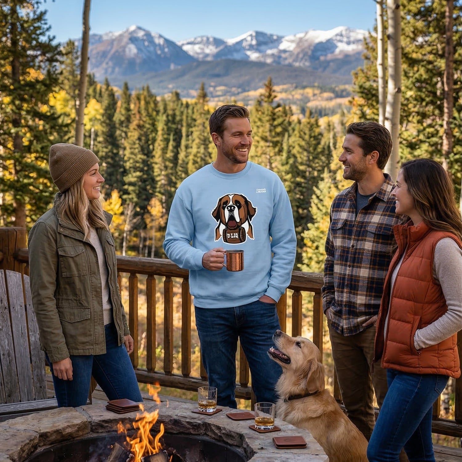 Four people and a dog by a fire pit with mountains in the background with light blue University Liquors sweatshirts.