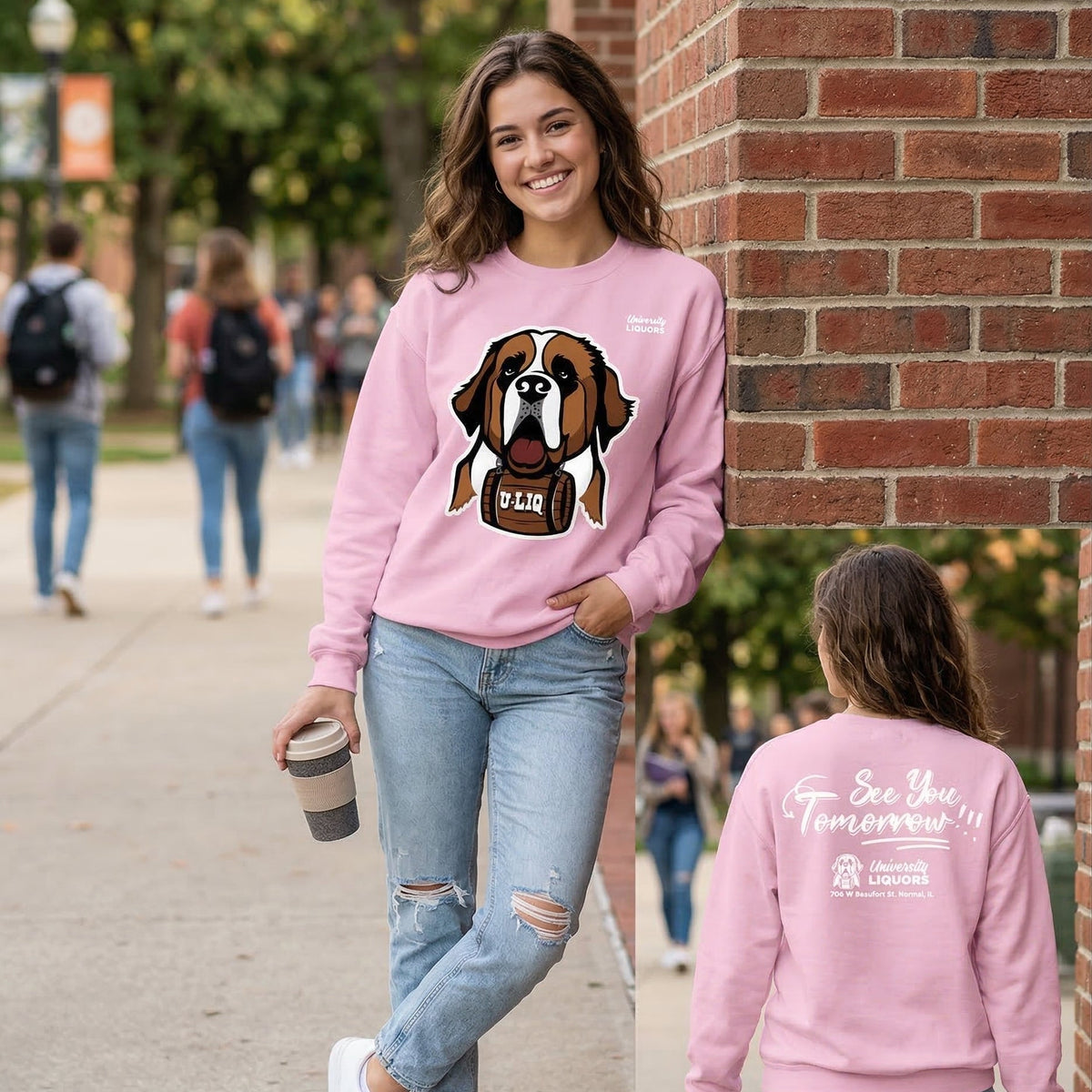Woman wearing a light pink University Liquors sweatshirt, standing on a sidewalk.