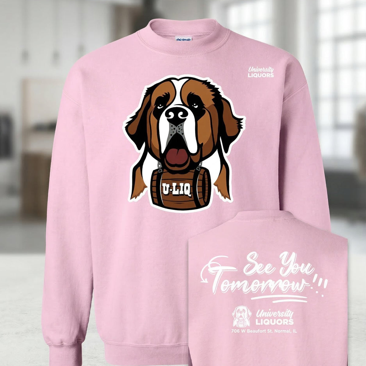 Light pink University Liquors sweatshirt.