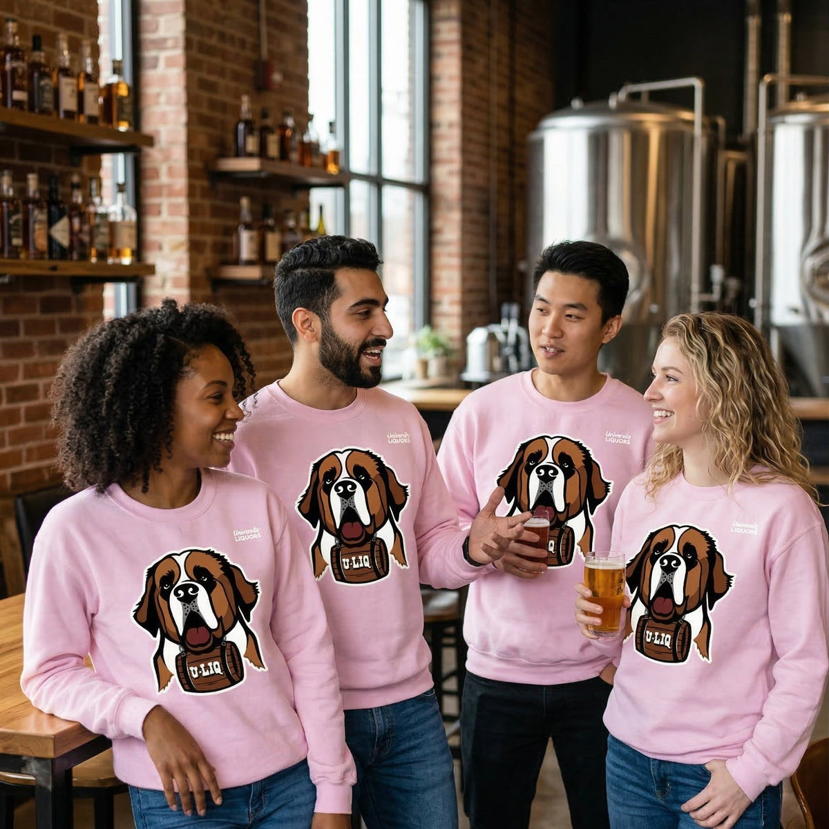 Four friends in a brewery wearing light pink University Liquors sweatshirts.