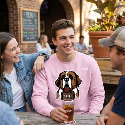 People sitting outdoors at a table with a person in a light pink University Liquors sweatshirt.