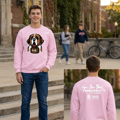 Person wearing a light pink University Liquors sweatshirt, standing outdoors.