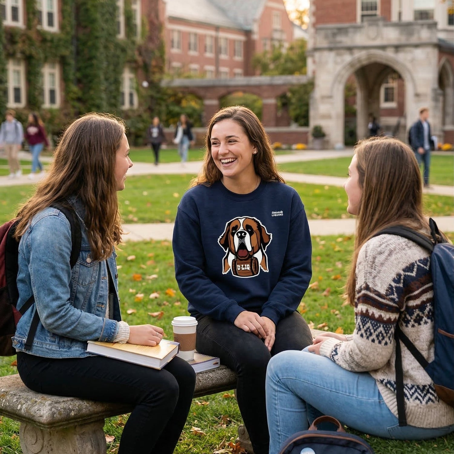 Three students sitting on a stone bench wearing a navy blue University Liquors crewneck outdoors with a building in the background