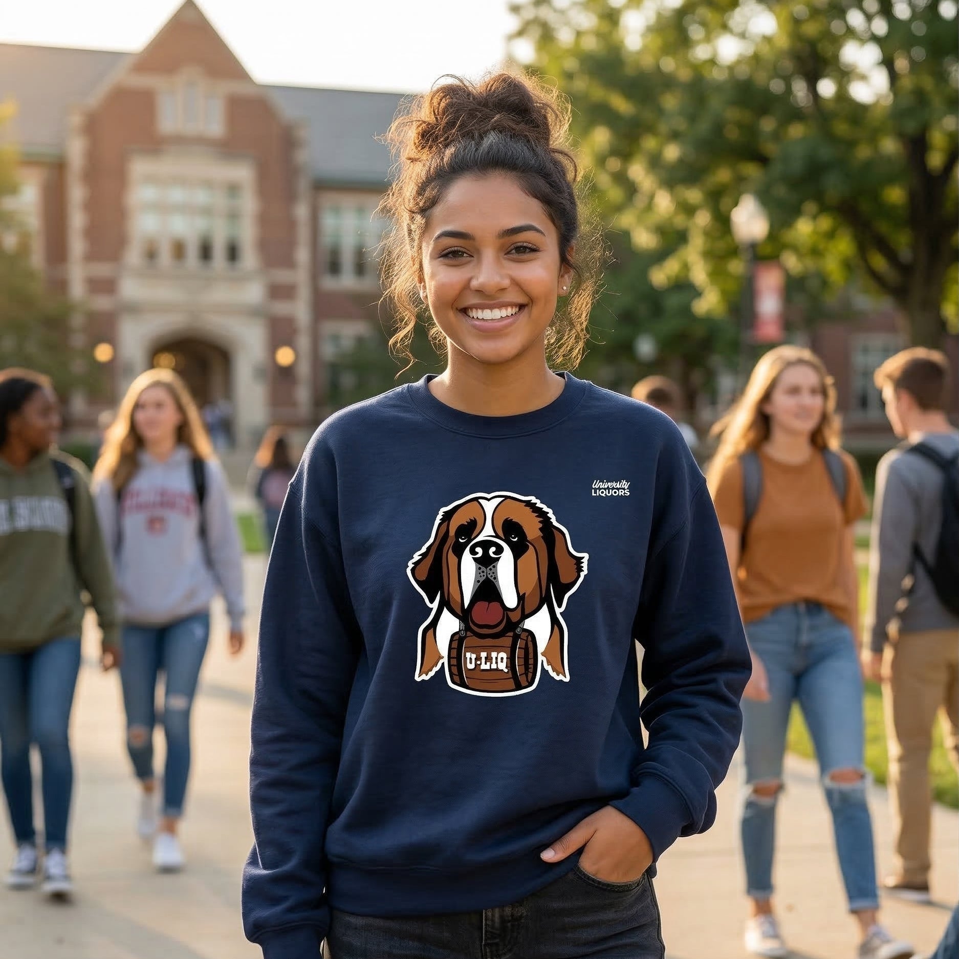 Woman wearing a navy blue University Liquors sweatshirts on a college campus