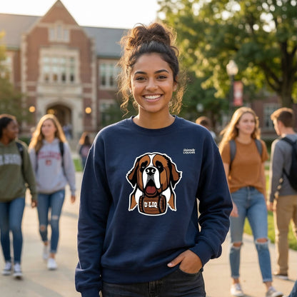 Woman wearing a navy blue University Liquors sweatshirts on a college campus