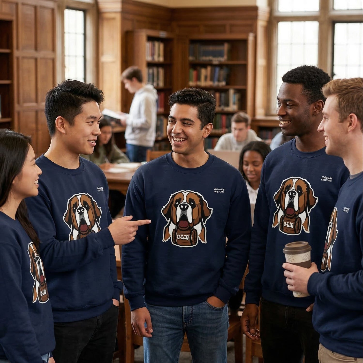 Group of people wearing navy blue University Liquors sweatshirts in a library setting.