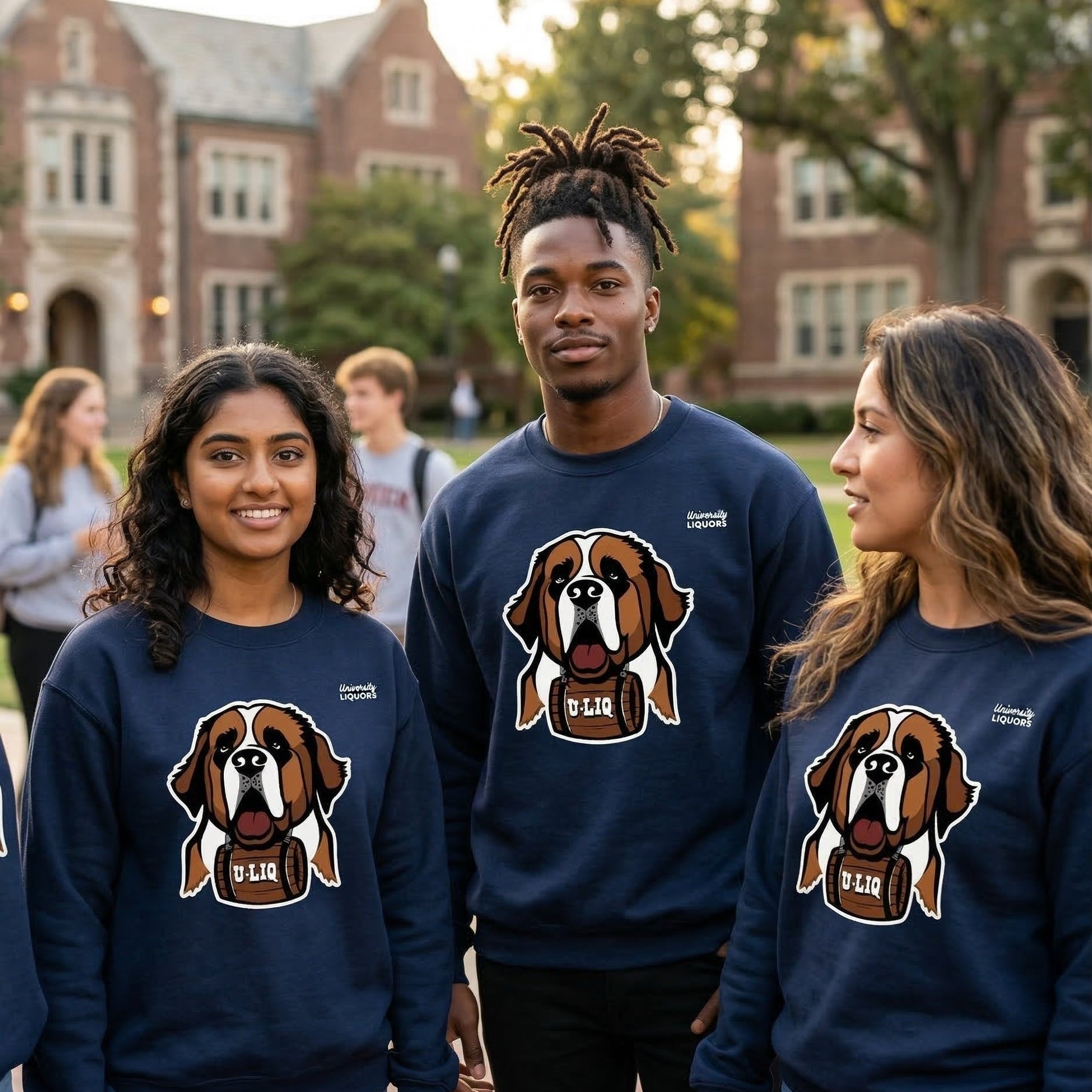 Three people wearing navy blue University Liquors sweatshirts, standing outdoors.