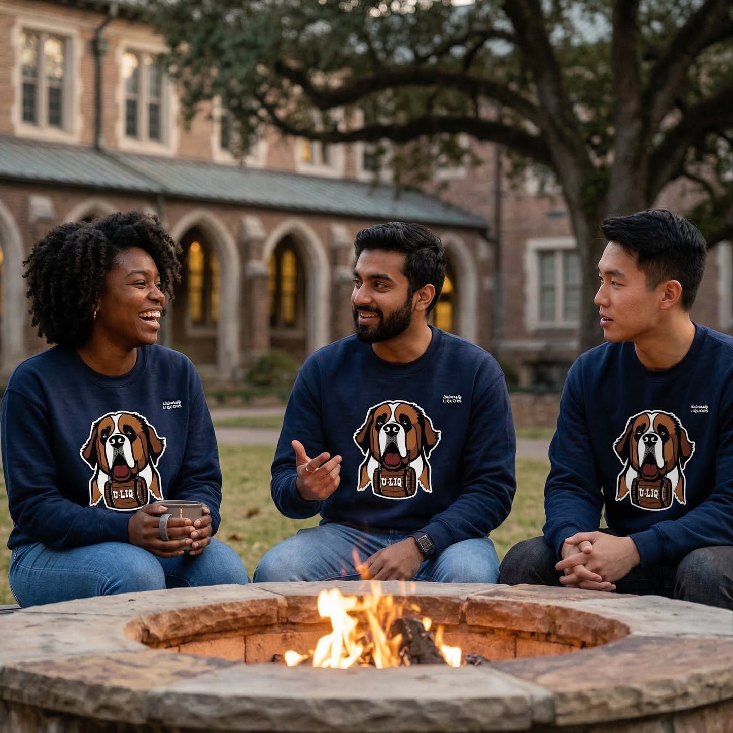 Three people sitting around a fire pit wearing matching navy blue University Liquors sweatshirts.