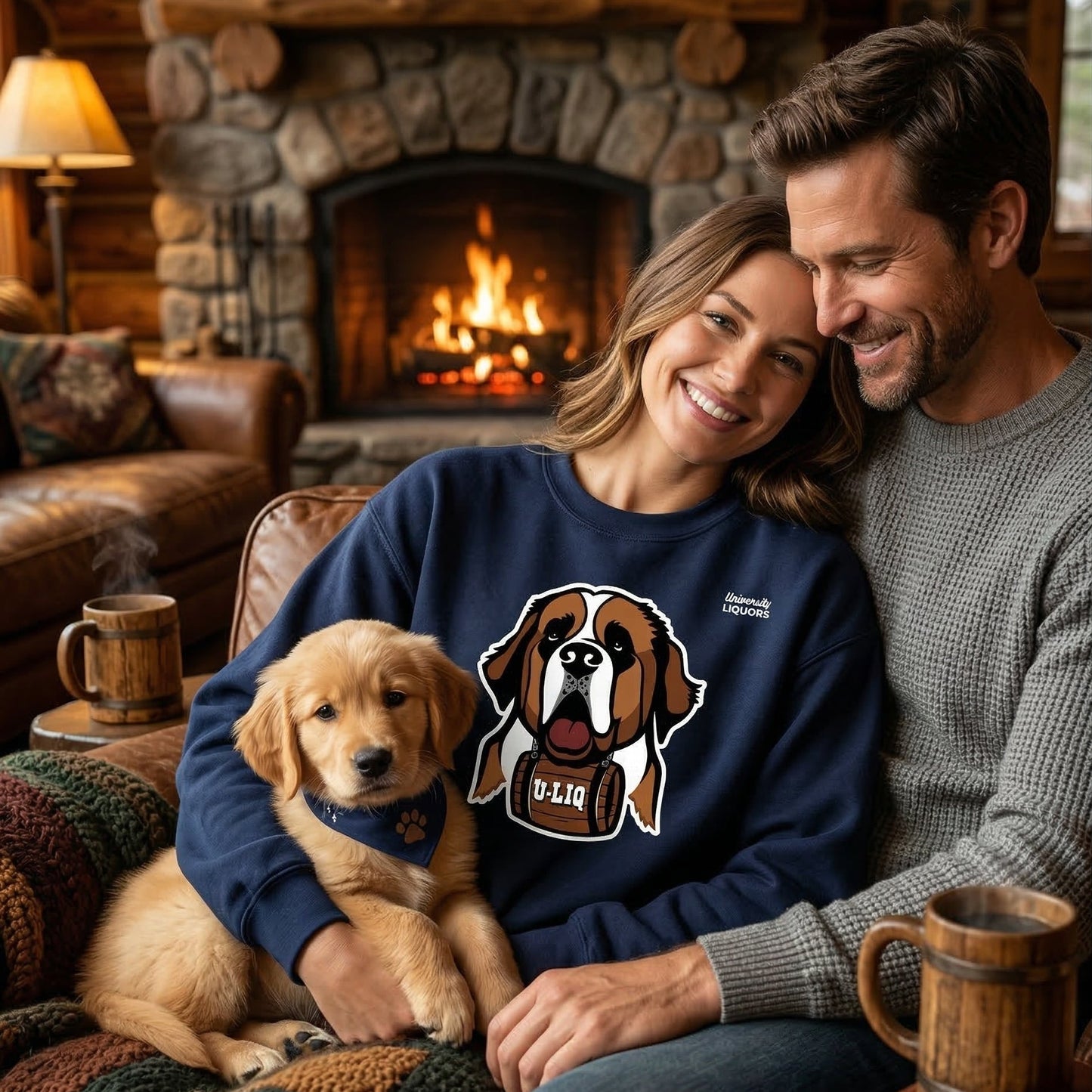 Couple with a dog sitting by a fireplace, wearing a navy blue University Liquors sweatshirt.