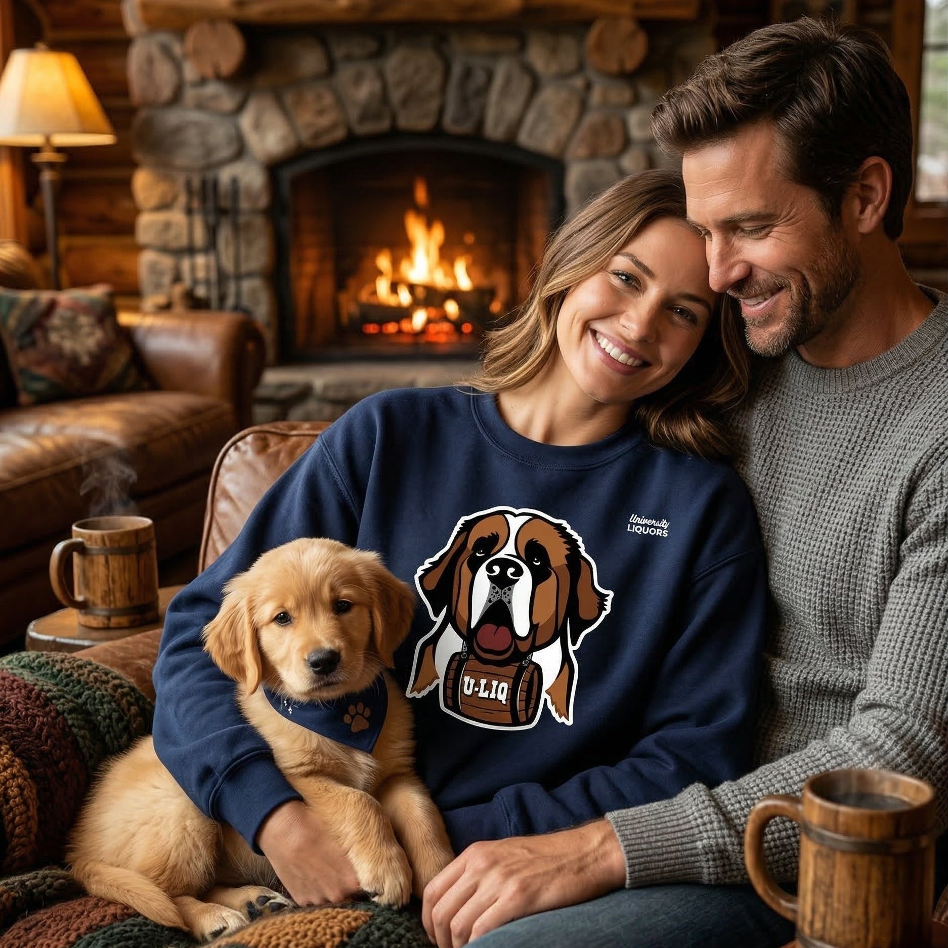 Couple with a dog sitting by a fireplace, wearing a navy blue University Liquors sweatshirt.
