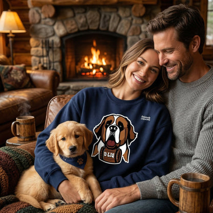 Couple with a dog sitting by a fireplace, wearing a navy blue University Liquors sweatshirt.