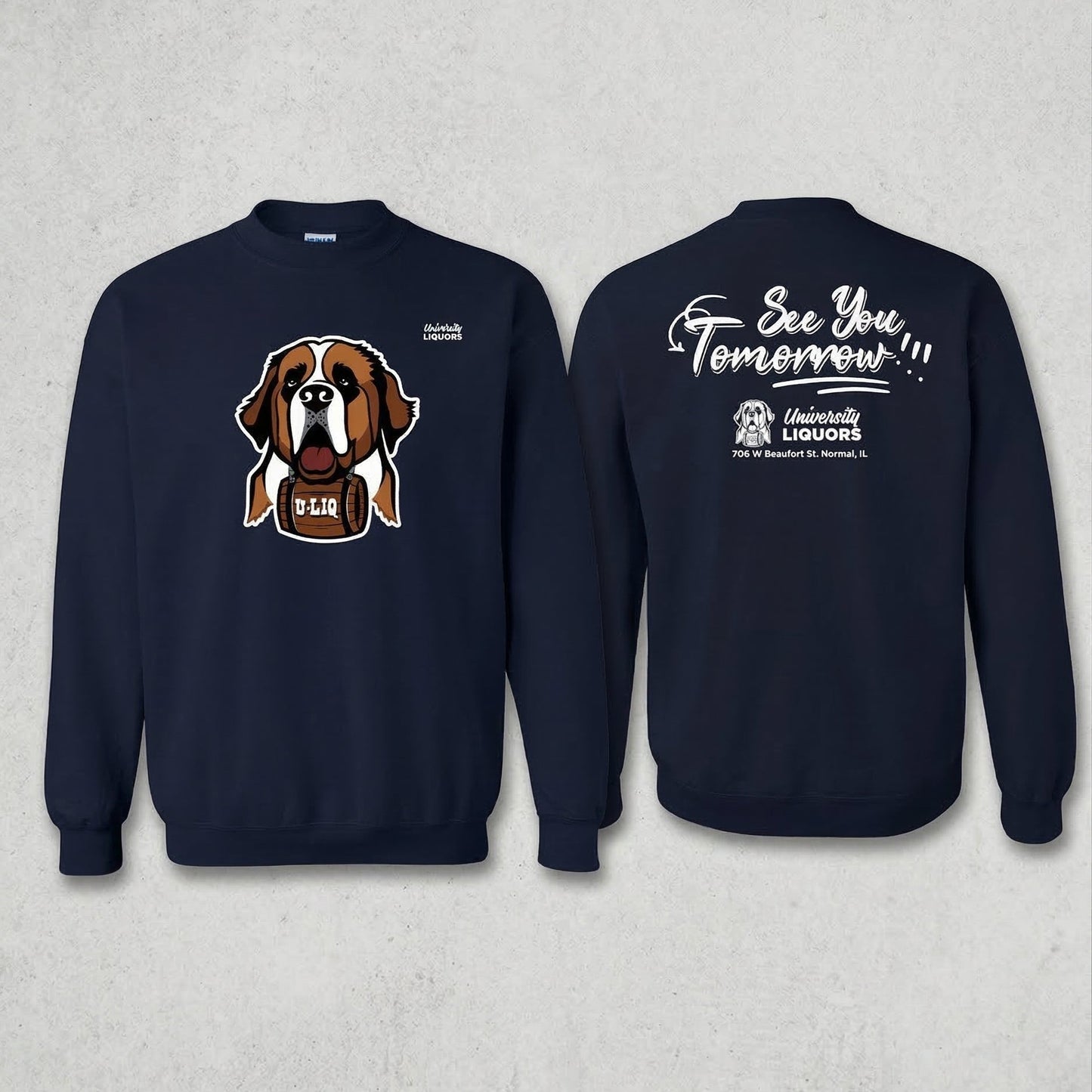 Navy blue University Liquors sweatshirt