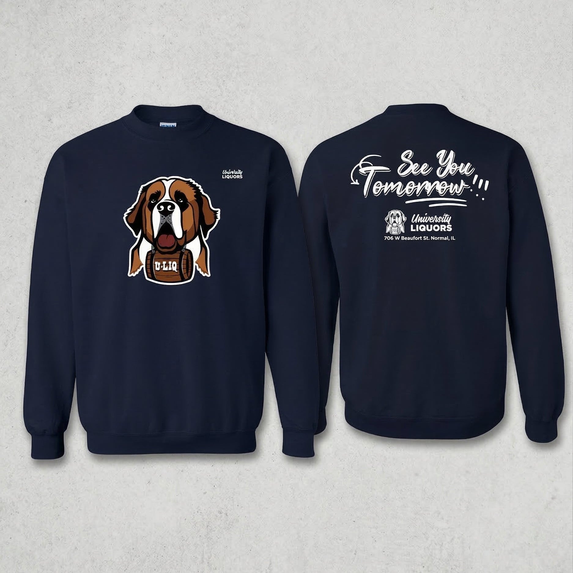 Navy blue University Liquors sweatshirt