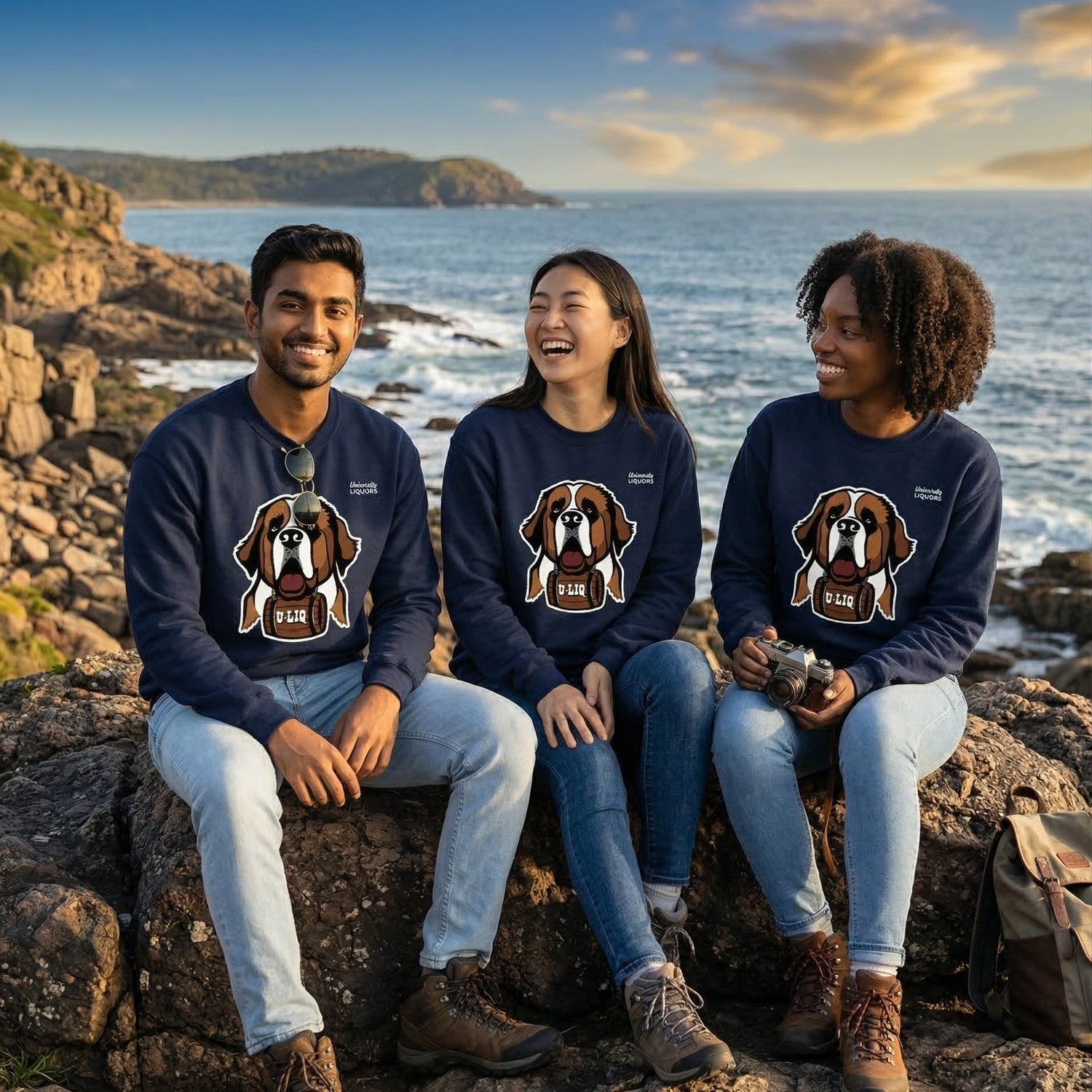 Three people sitting on rocks by the ocean wearing matching navy blue University Liquors sweatshirts.
