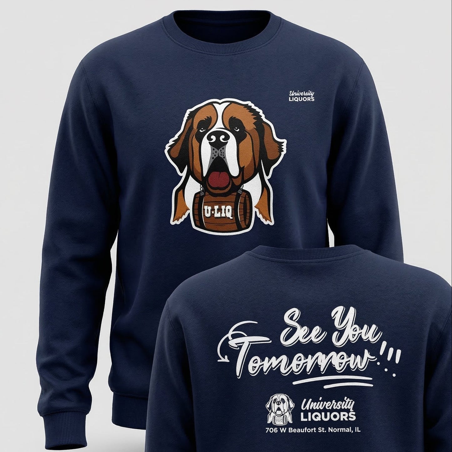 Navy blue University Liquors sweatshirt.