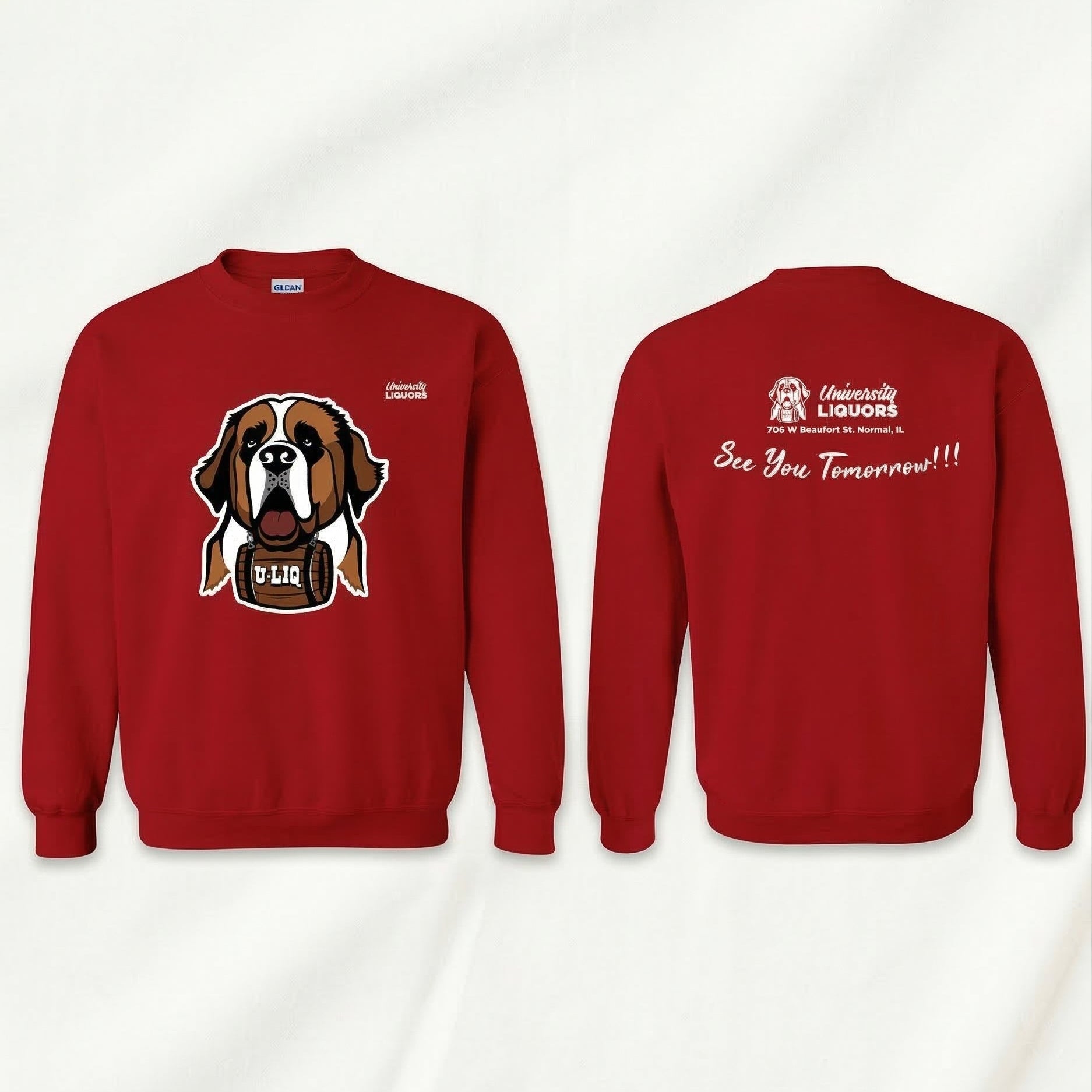 Red University Liquors sweatshirt.