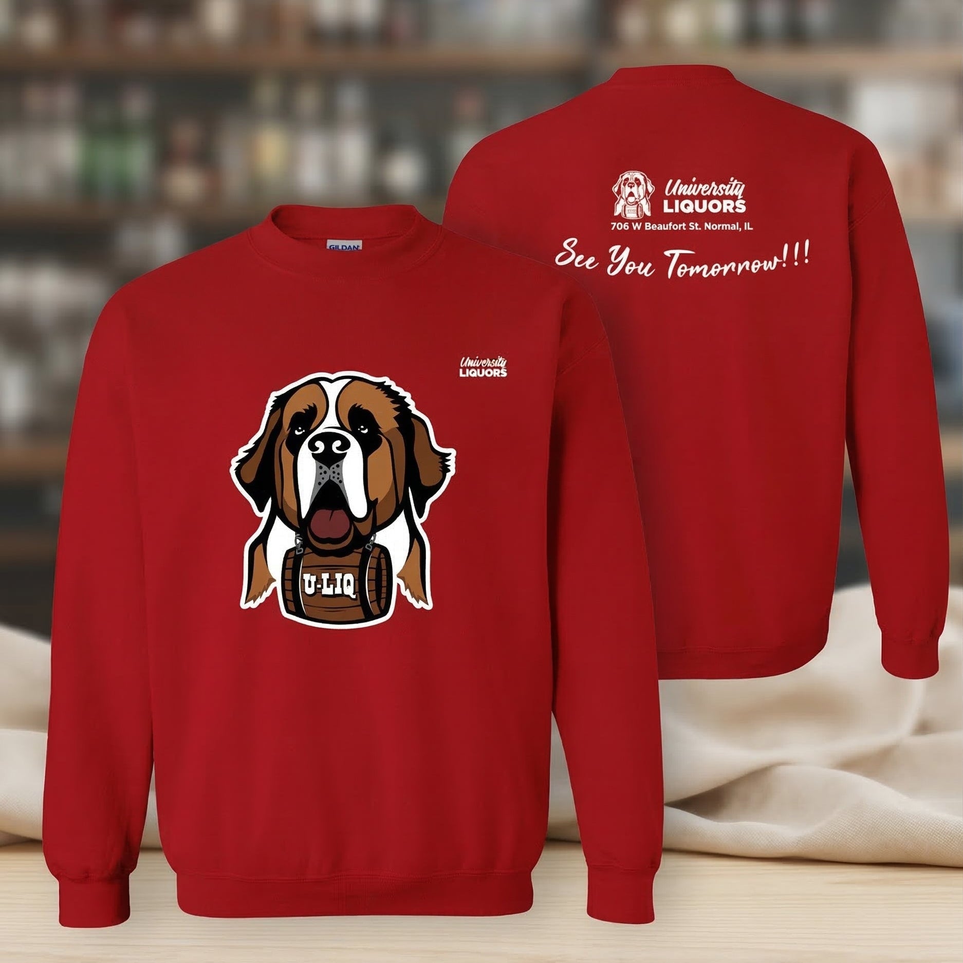 Red University Liquors sweatshirt