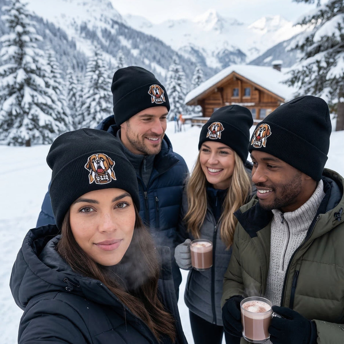 Four friends in winter clothing with hot chocolate, posing for a selfie in a snowy mountain setting.