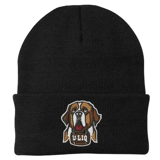 Black beanie with a University Liquors logo.