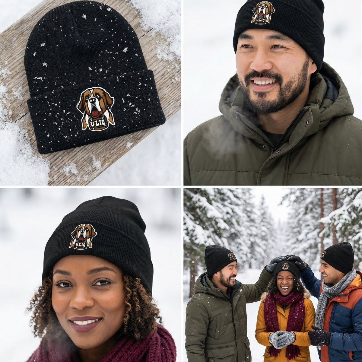 Black beanie with University Liquors logo design on a snowy background, worn by people in winter clothing.