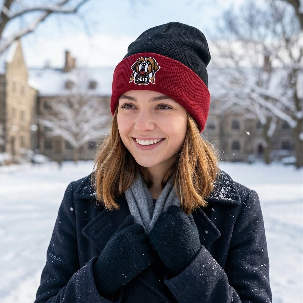 Person wearing a red and black beanie with a University Liquors logo, standing in a snowy outdoor setting.