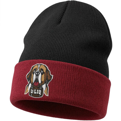Black and red beanie with a University Liquors logo.