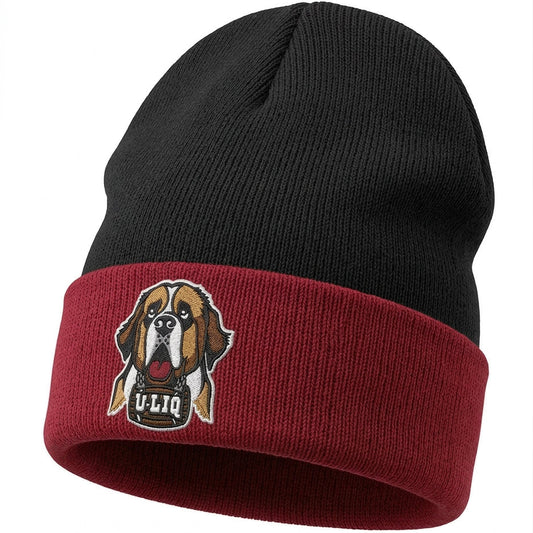 Black and red beanie with a University Liquors logo.