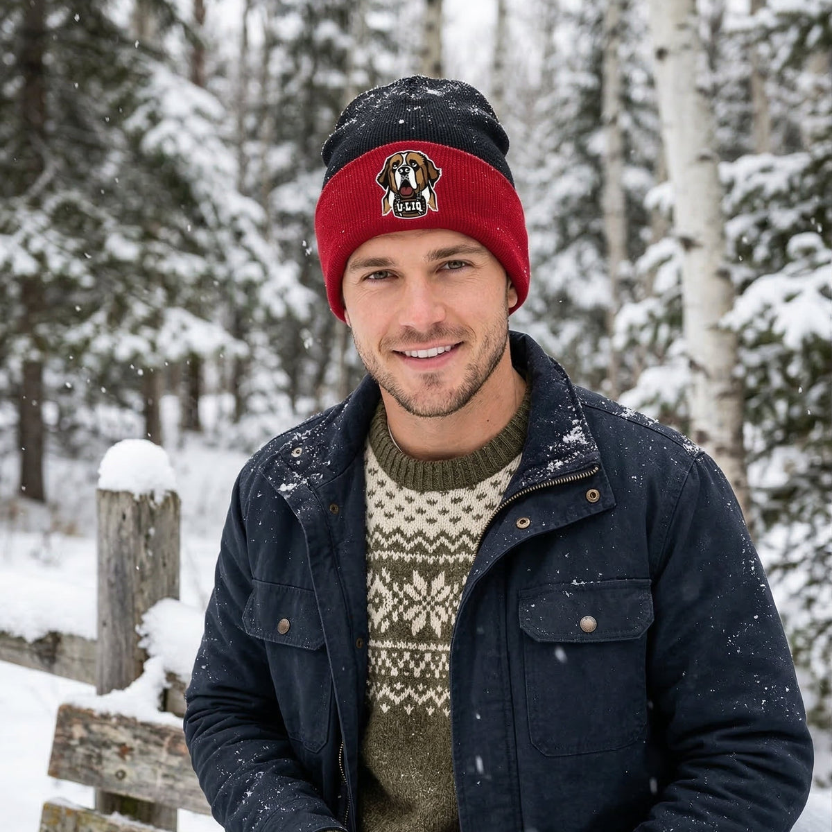 Man wearing a red beanie with a University Liquors logo, dark jacket, and patterned sweater standing in a snowy forest.