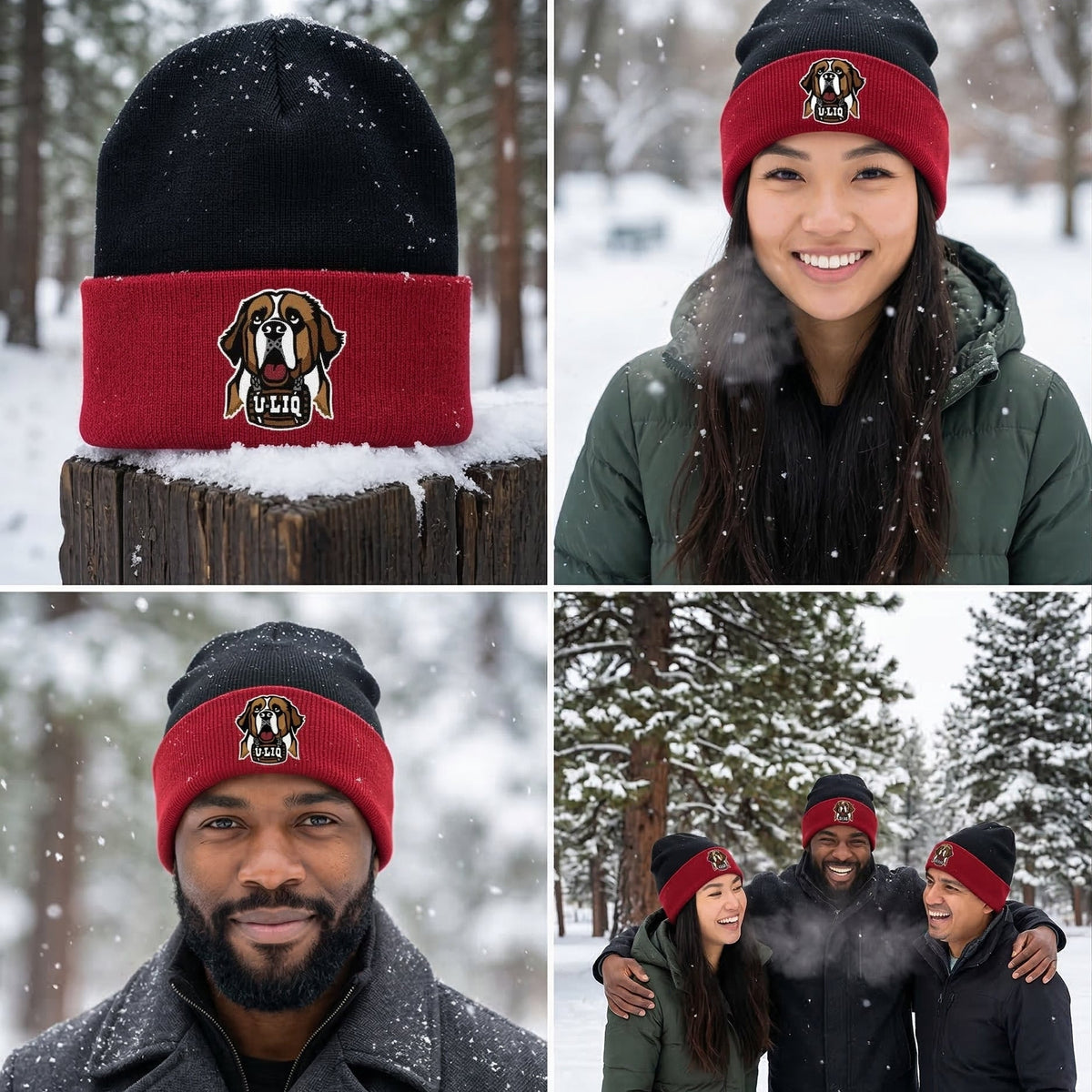 Collage of people wearing a red and black beanie with a University Liquors logo.