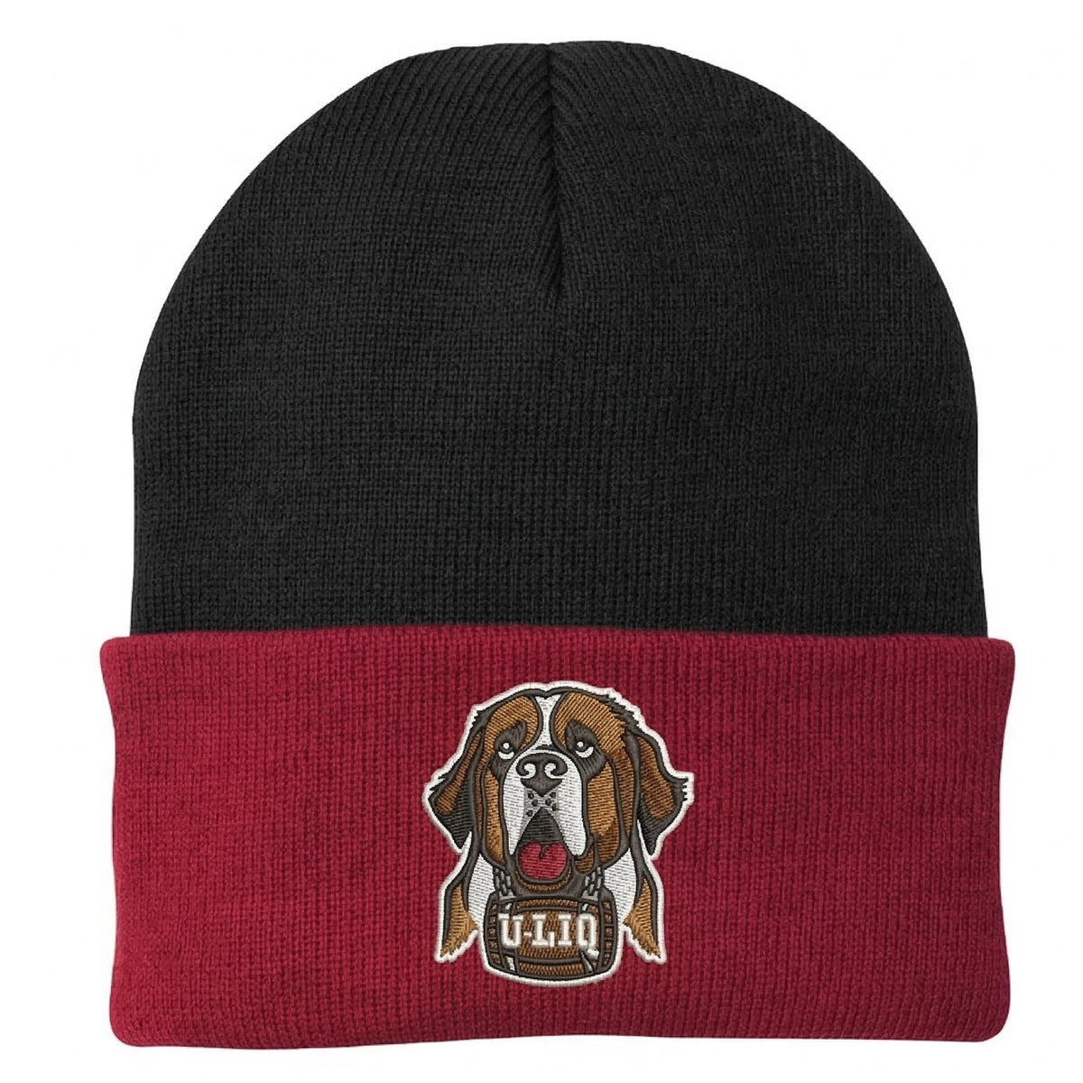 Black and red beanie with a University Liquors logo.