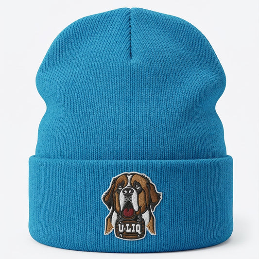 Blue beanie with a University Liquors logo