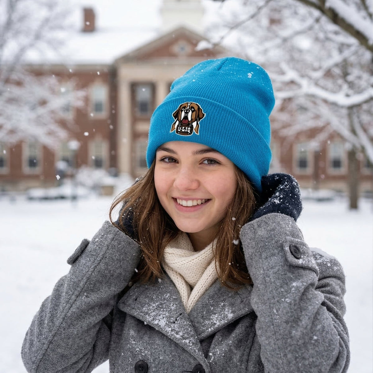 Person wearing a blue beanie with a University Liquors logo in a snowy outdoor setting