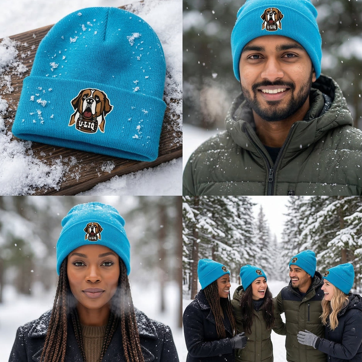 Blue beanie with a University Liquors logo worn by people in a snowy setting