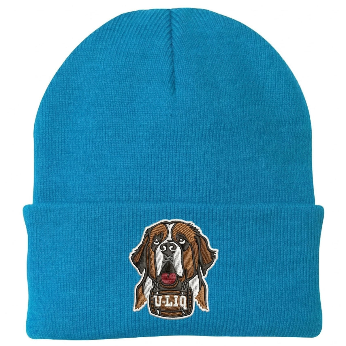 Blue beanie with a University Liquors logo