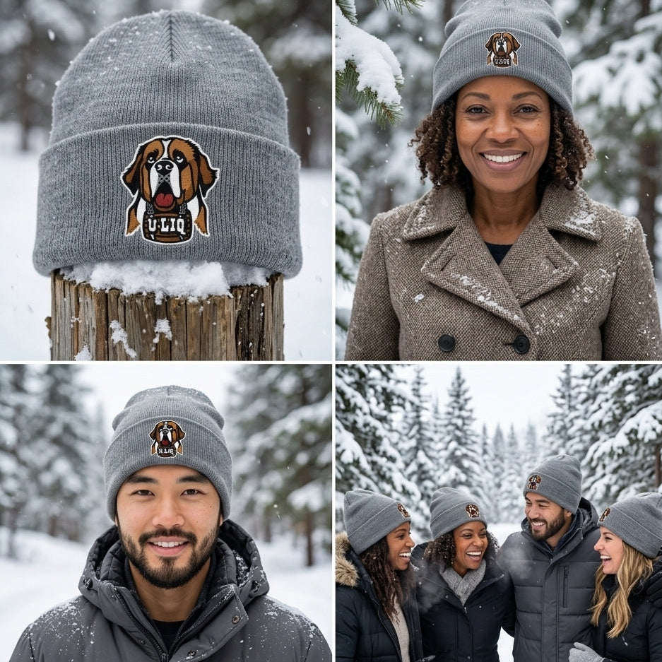 Collage of people wearing a gray beanie with a University Liquors logo in a snowy outdoor setting.