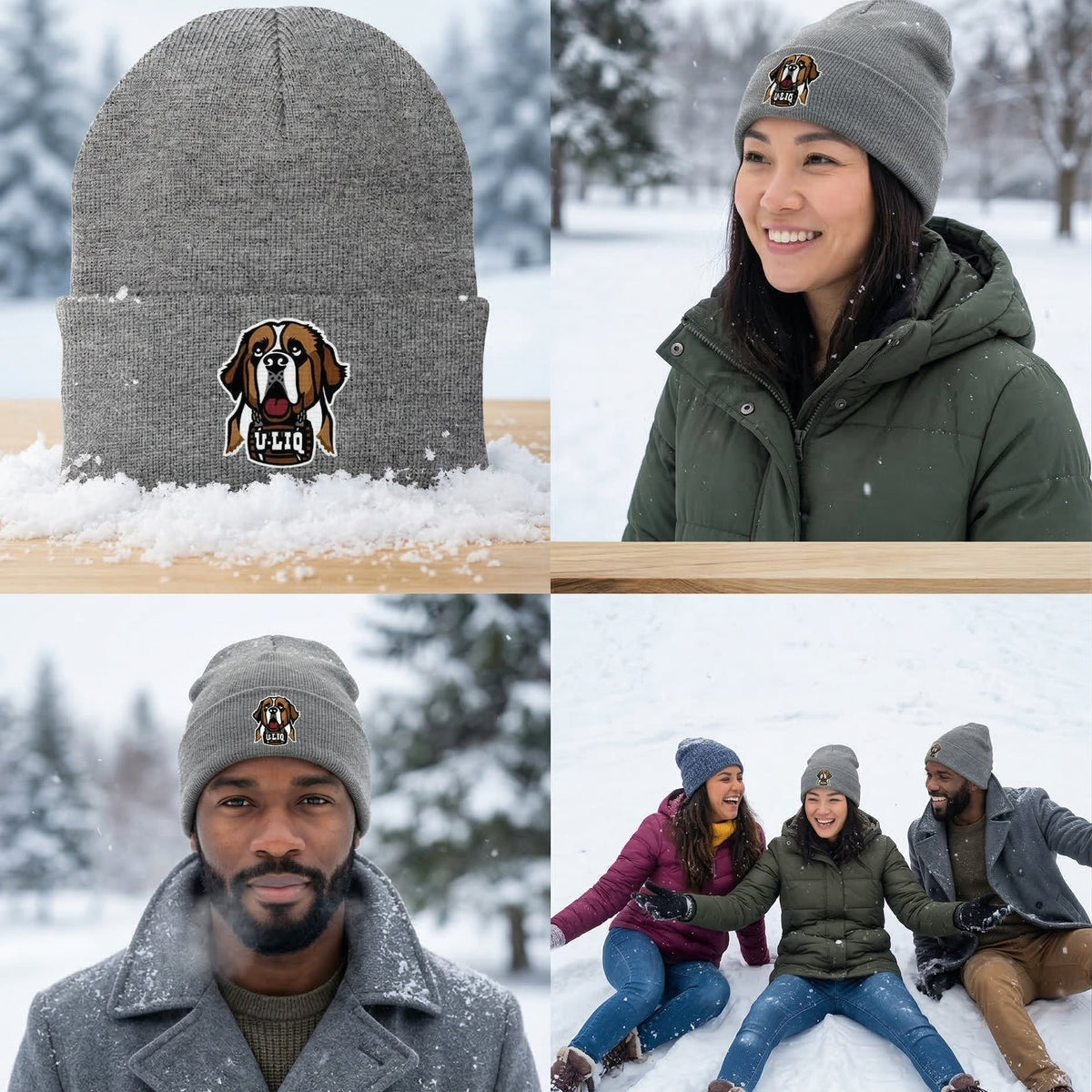 Collage of people wearing a beanie with a University Liquors logo in a snowy setting