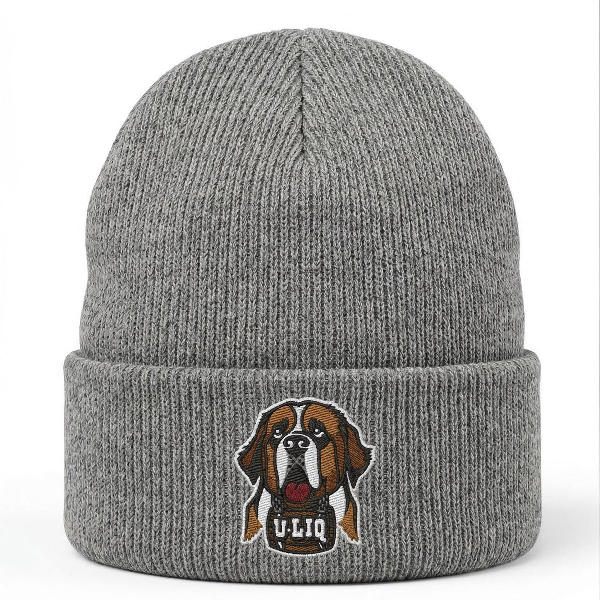Gray beanie with a University Liquors logo
