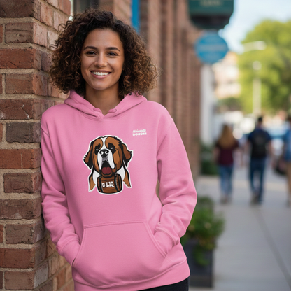 Woman wearing a university liquors  hoodie on a city street