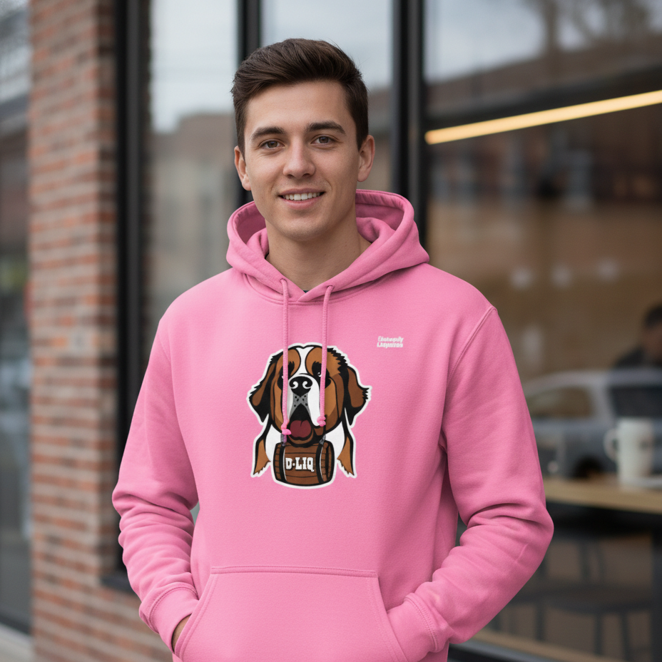 Person wearing a university liquors  hoodie, standing outdoors.